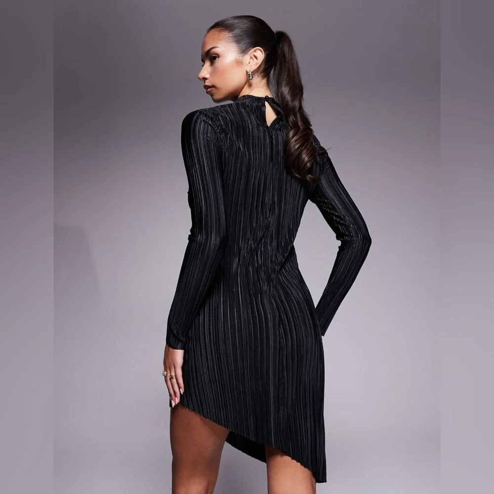 ASOS Black plisse asymmetric hem mini dress - Picture 2 of 3